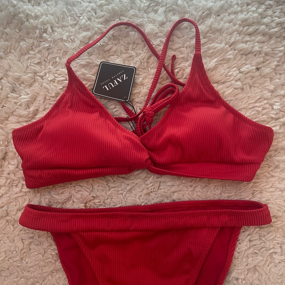 Zaful Vibrant Red Ribbed Bikini - Picture 4 of 9